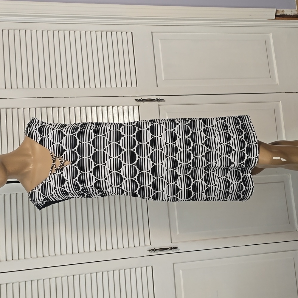 594 Kari Blue Black & White Circles Sheath Sleeveles Career Church Dress size L